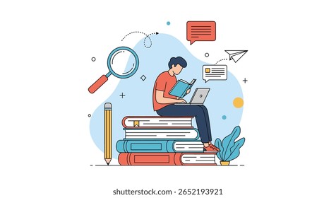 Young student learning on stack of books with magnifying glass and laptop educational concept illustration