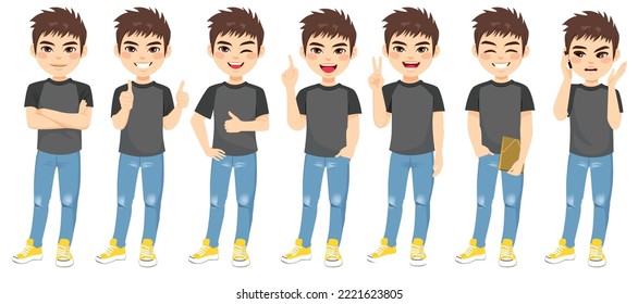 Young student man on different poses and gestures wearing black shirt and blue jeans