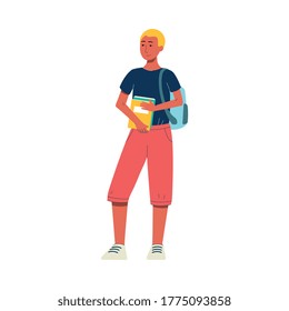 Young student man standing with books and backpack isolated on white background - teenage male cartoon character ready for school or university, flat vector illustration.