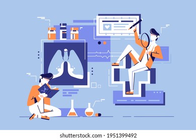 Young Student Man Study Medicine Science Using Book. Concept Male Character Learns Chemistry On Blue Laboratory Background. Vector Illustration.