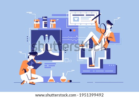 Young student man study medicine science using book. Concept male character learns chemistry on blue laboratory background. Vector illustration.