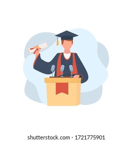 A young student in the mantle stands behind the podium. Graduate of educational institution celebrating victory. Vector illustration  for banner, flyer, ad, card