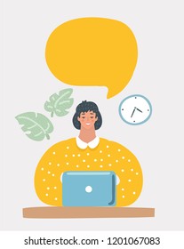 Young student with notebook is on exam or test. School examination or testing for time. Student's thoughts in blank speech bubbles. Vector cartoon illustration of education in modern concept
