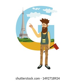 a young student in Paris, a guide conducts a tour, a tour of Paris, vector illustration