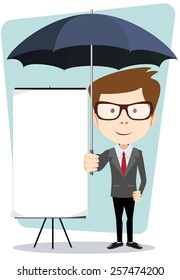 Young student with a poster and an umbrella, vector illustration