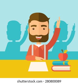 A young student raising his hand with a smile. A Contemporary style with pastel palette, soft green tinted background. Vector flat design illustration. Square layout.