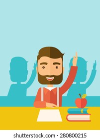 A young student raising his hand with a smile. A Contemporary style with pastel palette, soft green tinted background. Vector flat design illustration. Vertical layout with text space on top part.