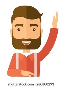 A young student raising his hand with a smile. A Contemporary style. Vector flat design illustration isolated white background. Vertical layout