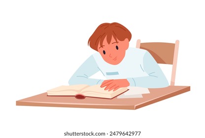 Young student reading book at desk. Boy pupil sitting at table with open textbook to study, read literature from bookstore or library for exam, lesson and homework cartoon vector illustration