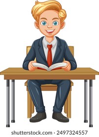 Young student reading a book at desk
