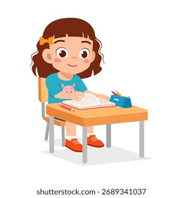 Junger Schüler liest Buch am Schreibtisch mit freudigem Ausdruck in der Klassenzimmer-Illustration