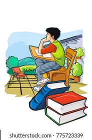Young  student reading a book under mental pressure. Boy studying in his home  front  