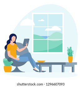 Young student reading and drinking coffee   at home. Light color trendy palette vector illustration of woman relaxed with a book.