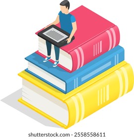 Young student reading an e book while sitting atop a stack of oversized books, embodying the essence of online education and e learning in a vibrant, isometric design