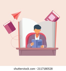Young student reading his favorite book on the chair. Education and school, study and literature. Flat young man sitting in the library and reading a book. Vector illustration.