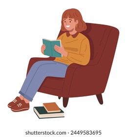 A young student relaxes in an armchair, reading a book of fiction during her free time.