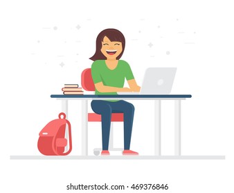 Young student or schoolgirl smiling and doing homework at home with laptop. Back to school flat illustration of young people who study in university or high school isolated on white