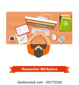 Young student or scientist researching and studying at his home workplace desk. Flat vector illustration isolated on white.