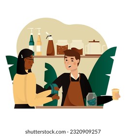 Young student selling drink to American woman. Small business owner. Professional coffee shop worker talking with female. Lady buying cappuccino. Flat vector illustration in cartoon style