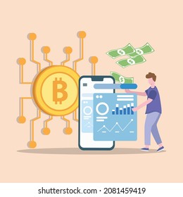 Un joven estudiante muestra un creciente o creciente bitcoin y dólar de moneda en su dispositivo gráfico. Ilustración de color vectorial plana. 