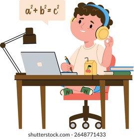 Um jovem estudante senta-se em uma mesa com um laptop, livros e uma caixa de suco em estilo cartoon. A criança está envolvida no aprendizado com uma bolha de fala mostrando uma equação matemática. Ilustração de vetor de desenhos animados.