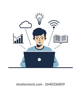 A young student sits at a laptop surrounded by icons representing knowledge, cloud storage, Wi-Fi, and data analytics. This modern flat style illustration symbolizes e-learning, digital education, and