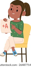 Um jovem estudante senta-se em uma cadeira segurando um papel com uma nota em estilo cartoon. A criança sorri orgulhosamente enquanto aponta para a folha com entusiasmo. Ilustração de vetor de desenhos animados.