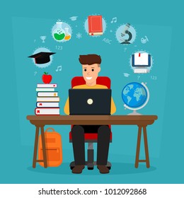 Young student sitting the desk in learning process. School homework. Concepts of education and e-learning. Vector illustration. Flat design.