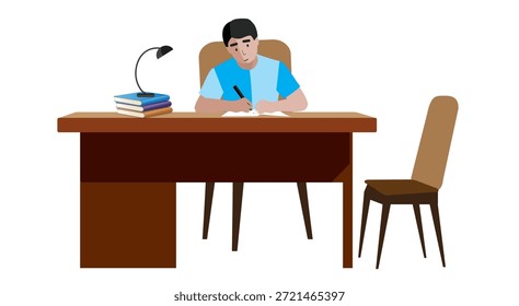 Estudiante joven sentado en el escritorio que estudia con la lámpara, Vector del libro de la lectura del muchacho