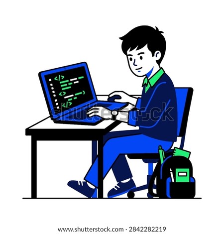 A young student sitting at a desk while coding on laptop