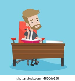 Young student sitting at the table and thinking. Pensive student writing in a notebook. A hipster man with the beard studying. Concept of education. Vector flat design illustration. Square layout.