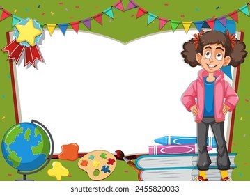 Young student smiling among various learning materials.