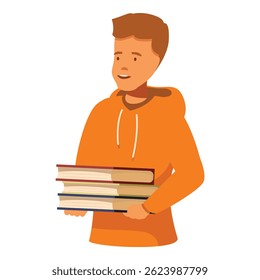 Young student is smiling while carrying a stack of books, eager to learn and gain knowledge
