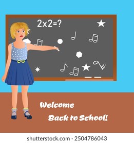 The young student standing in front of the class points with her hand holding a piece of chalk to the blackboard on which different signs are written. Vector illustration on back to school theme.