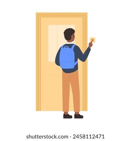 Young student standing in front of closed door, pressing doorbell, rear view vector illustration