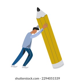 Young student standing with a large pencil. Education, drawing, creating, blogging, concept. Flat design style minimal vector illustration.