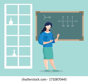 Young student standing near board with chemical bonds and explaining formulas. Woman smiling and pointing at board. Cartoon characters, concept of university lectures. Flat vector illustration.