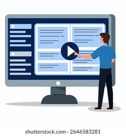 A young student standing on front of computer and clicking play button to reading e-book. Online education concept.