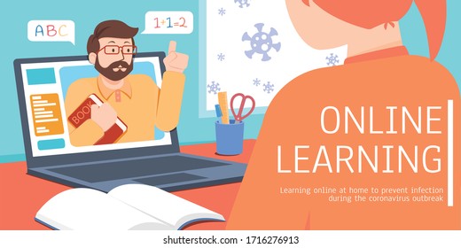 Young student is staying home and having a fun online class through her laptop, concept of distancing learning during COVID-19 outbreaks