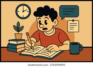 Estudiante joven que estudia en el escritorio – ilustración plana de la historieta del diseño