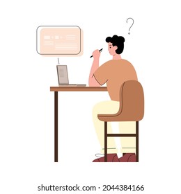 Estudiante joven estudiando a distancia desde casa sobre fondo blanco, ilustración vectorial plana aislada sobre fondo blanco. Educación a distancia y tecnología virtual en aula.