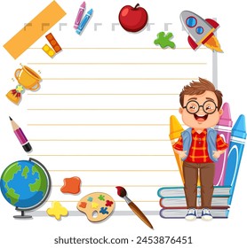 Estudiante joven con varios artículos educativos alrededor.