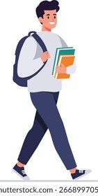junge Studentin, die mit Büchern und Rucksack spazieren geht.