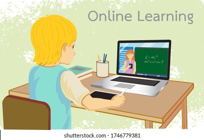 Young student watching lesson online and studying from home. E-learning or Online learning education at home New lifestyle of People, New normal concept. 