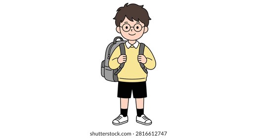 A young student wearing glasses and a backpack