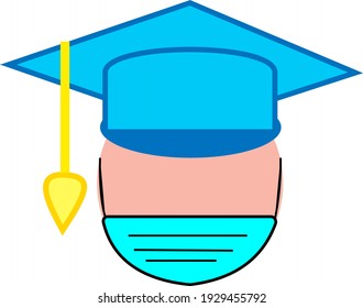 young student wearing graduate cap and protective medical mask in coronavirus pandemic
