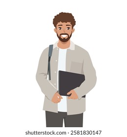 Young student wearing jacket and carrying a laptop and backpack, smiling confidently. Flat Vector character illustration