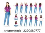 Young student woman with backpack and book casual style clothes set different gestures isolated vector illustration