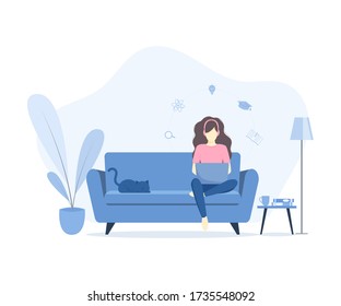 Young student woman with laptop and headphone while sitting on the sofa at home. Online studying, education from home, lifestyle, technology communication. E-learning illustration in flat style.