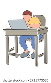 Estudiante joven que trabaja en el ordenador portátil en la ilustración del escritorio
Ilustración minimalista de un niño enfocado en su computadora portátil mientras está sentado en el escritorio de una escuela. Temas: educación en línea, aprendizaje digital, vida estudiantil.